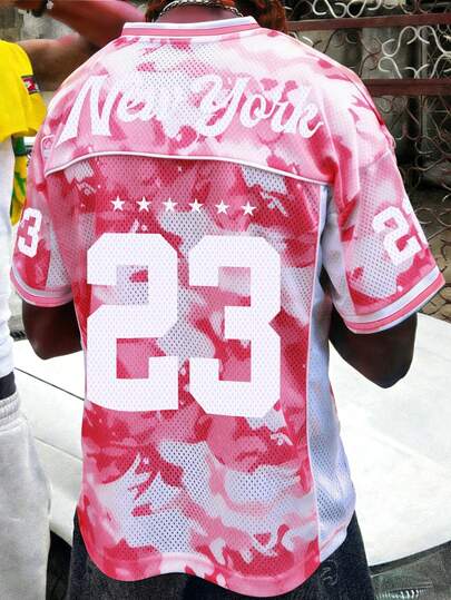 Manfinity EMRG Men's Summer Streetwear Pink White Camo Tie Dye Print Mesh Jersey T-Shirt Vintage Y2K Number 23 Star Letter New York Graphic Football Baseball Athletic Sports Loose Fit Oversized Short Sleeve Crew Neck Breathable Holiday Vacation Urban Hip Hop Top,Men's V-Neck Numeric Camouflage Print Short Sleeve Sports Jersey T-Shirt