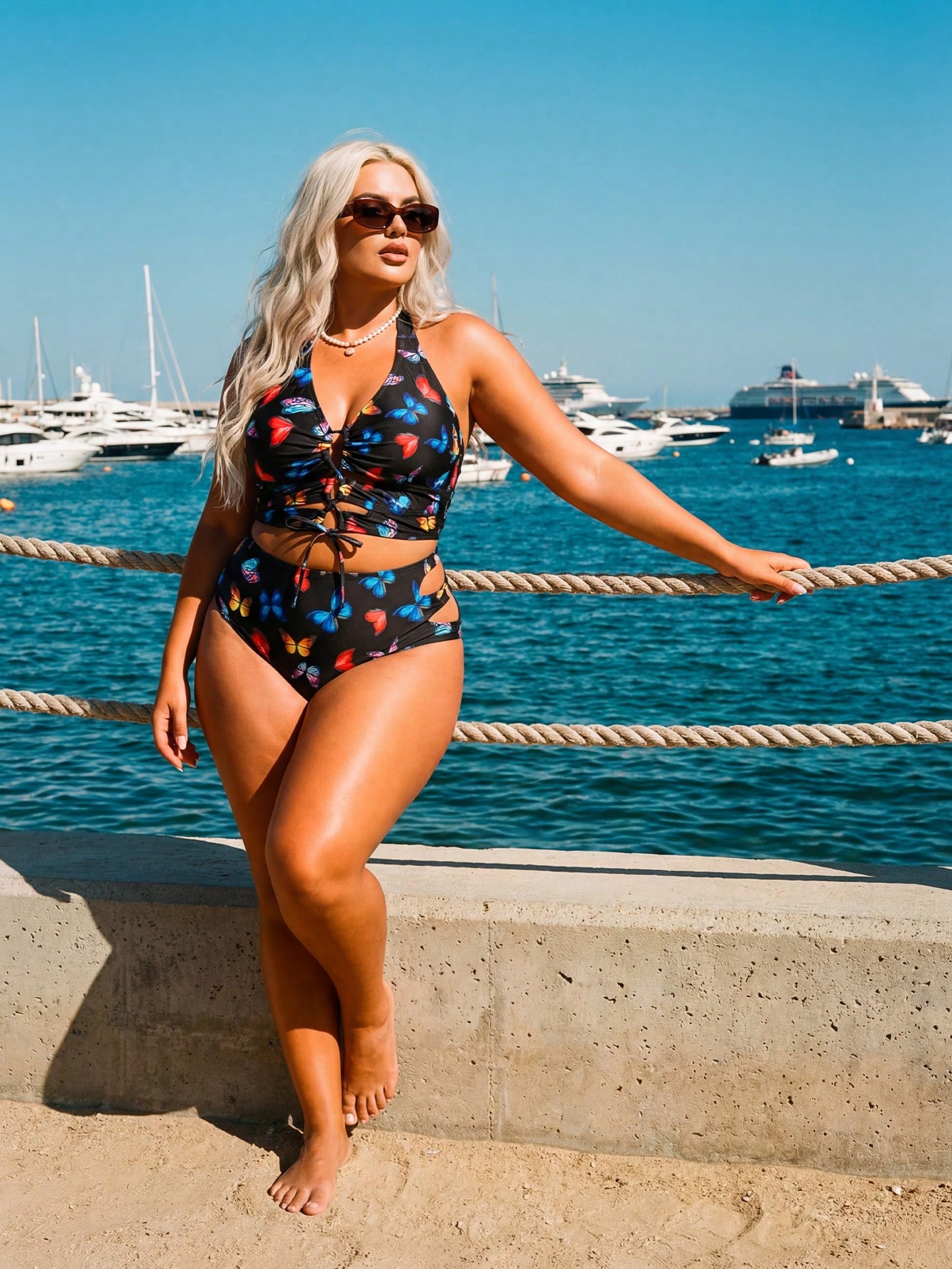 Slaydiva Conjunto de Maiô Bikini Sexy com Estampa de Borboleta, Decote Halter e Amarração na Frente para Mulheres Plus Size, Estilo de Férias na Praia - Multicolorido - Visão 1