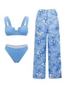 Swim Oasis Bộ đồ bơi gợi cảm cho nữ màu xanh trắng họa tiết hoa, cổ vuông và quần ống rộng, thích hợp cho kỳ nghỉ hè, đi biển. - Màu xanh lam - Xem 1