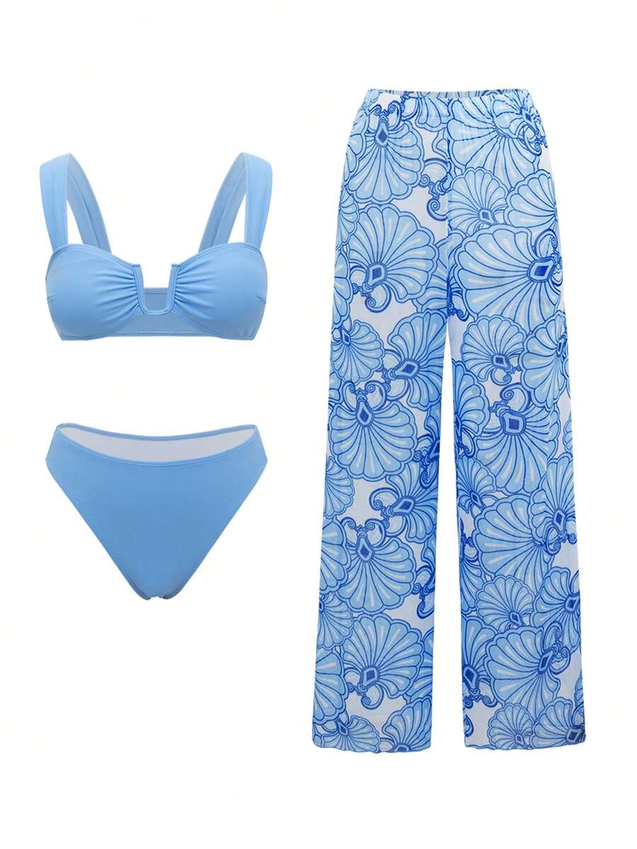 Swim Oasis Bộ đồ bơi gợi cảm cho nữ màu xanh trắng họa tiết hoa, cổ vuông và quần ống rộng, thích hợp cho kỳ nghỉ hè, đi biển. - Màu xanh lam - Xem 1