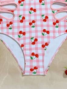 少女格子樱桃印花露腰长袖拉链连体泳衣 - 粉色 - 查看 6