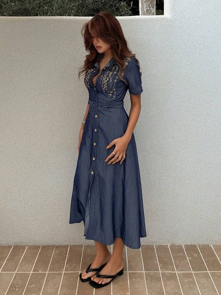 Vintage Heavy Embroidery Design Elegant Button Down Dress For Women Sundress Summer