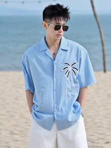 DAZY 男士夏季休闲度假通勤棕榈树刺绣宽松短袖衬衫短裤套装 - 彩色 - 查看 5