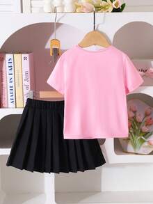 2pcs/Set Young Girl Sweet School Style Ribbon Bow Light Pink Short Sleeve Top & Black Pleated Skirt,Casual Summer T-Shirt Set For Family Matching - Multicolor - View 2