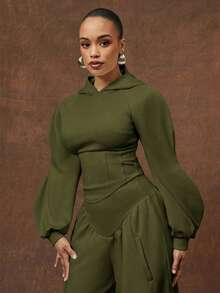 Vixey Wave Sleeve Corset Asymmetrical Hem Cropped Hoodie - Olive Green - View 1