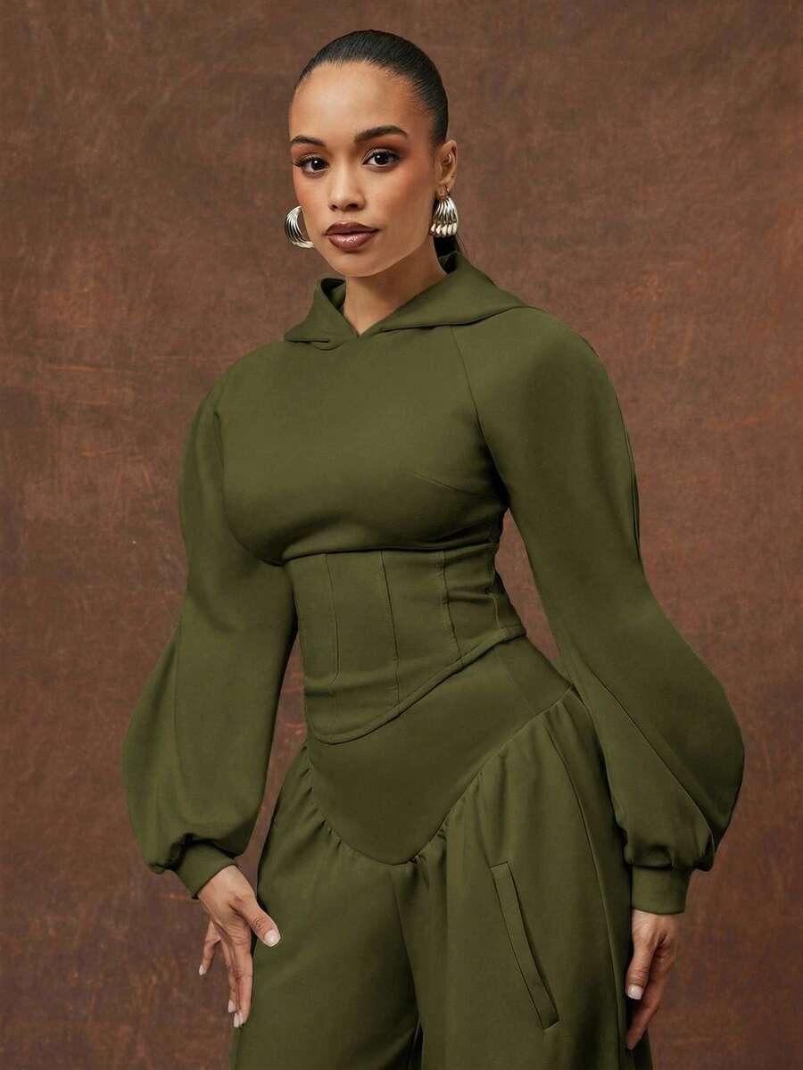 Vixey Wave Sleeve Corset Asymmetrical Hem Cropped Hoodie - Olive Green - View 1