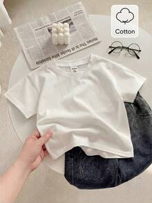 SHEIN Playful Pals 幼童與嬰兒 100% 純棉圓領白色 T 恤 夏季休閒度假短袖套頭上衣 中性款柔軟兒童上衣 適合日常穿著與上學 - 白色 - 查看 2