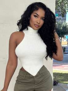 Alexandranx 休闲高领无袖不对称下摆修身针织背心 - 白色 - 查看 4