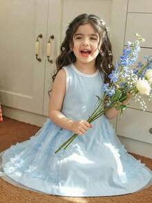 SHEIN Young Girl Heart Print Contrast Mesh Frill Trim Sleeveless Cute Dress - Baby Blue - View 4