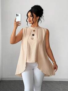 Elenzga Áo nữ cỡ lớn kiểu dáng thường ngày, chất liệu dệt kim cổ điển, không tay, cổ tròn, cài cúc gỗ, thích hợp cho kỳ nghỉ, ngắn phía trước và dài phía sau, mùa xuân/hè. - Màu be - Xem 5