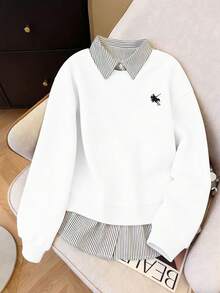 Resyla Women's Striped 2 In 1 Patchwork Knight Pattern Casual Versatile Daily Wear Long Sleeve Sweatshirt - White - View 3