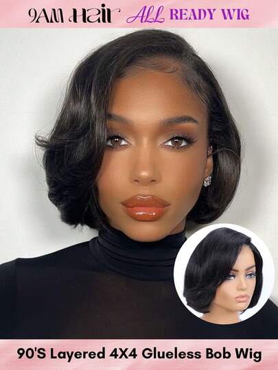 ALL READY WIG 4x4 预切无胶预拔时尚发型波浪蕾丝闭合鲍勃假发真人头发 8-10 英寸短发 180% 密度女士 Boss Lady Vibe C 部分自然黑色预拔发际线假发