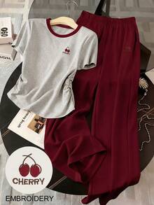 Resyla 女士樱桃字母印花短袖T恤和阔腿裤休闲两件套 - 酒紅色 - 查看 1