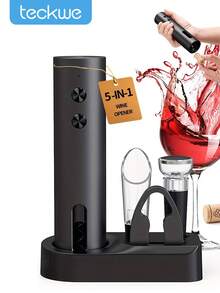 Teckwe 附充電底座電動紅酒開瓶器，無線電動紅酒瓶開瓶器，2合1醒酒器與倒酒器，箔紙切割器，附顯示充電站方便收納，適合婚禮、喬遷、情人節 - 黑色 - 查看 1