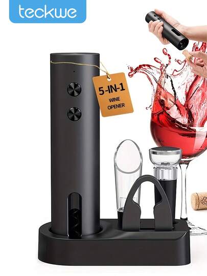 Teckwe Electric Wine Opener With Charging Base, Cordless Electric Wine Bottle Opener With 2-In-1 Aerator & Pourer, Foil Cutter, , Display Charging Station For Easy Storage, Wedding, Housewarming, Valentine's Day
