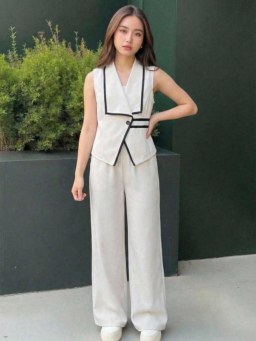 SHEIN 两件套女童休闲套装，春夏秋季皆宜，包含无袖V领上衣和阔腿裤，适合海滩、度假、休闲聚会、节日、毕业典礼等场合。 - 杏色 - 查看 1