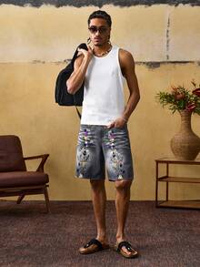 ROMWE MEN Men's Fashion Embroidered Pocket Denim Shorts - Grey - View 7