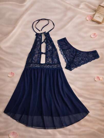 Conjunto de pijama sexy de dos piezas para mujer, talla única, color sólido, con encaje en contraste ,estampado en parte abdominal y escote en lineas