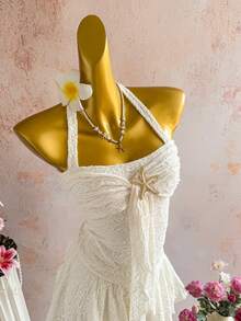 Elamini 女士春夏休闲时尚日常百搭派对纹理面料金属海星吊带蝴蝶结迷你连衣裙，杏色 - 米色 - 查看 7