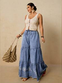 Travachic Quần jeans ống rộng dáng suông nhiều lớp xếp ly, cạp chun, gấu quần xếp ly, dành cho nữ cỡ lớn. - Rửa nhẹ - Xem 7