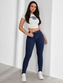SHEIN FlexDen Jeans casuales de uso diario con bolsillos y botones para mujer - Azul Marino - Ver 6