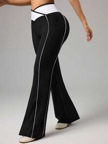 Dewbera Pantalones deportivos casuales diarios de mujer con cintura de contraste - Blanco y Negro - Ver 7