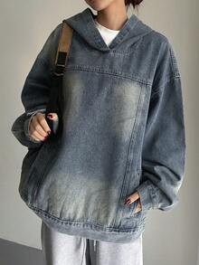 DAZY Women's Hooded Loose Long Sleeve Casual Denim Top - Medium Wash - View 4
