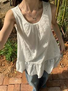 DAZY 女士圆领无袖蕾丝面料休闲套头衫夏季 - 白色 - 查看 5