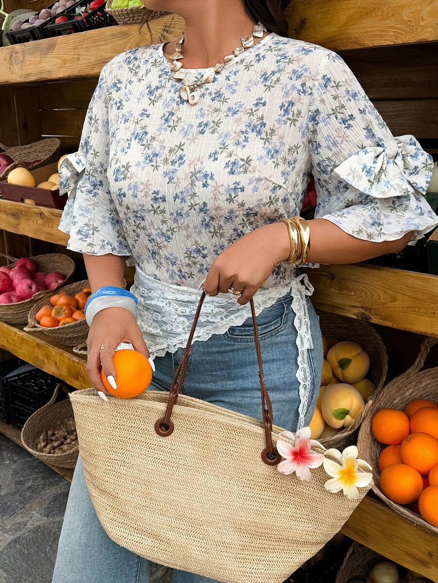 Breezaya Plus Size Women's Round Neck Ruffle Sleeve Bow Decor Textured Ditsy Floral Casual Vacation Shirt, Spring/Summer - Multicolor - View 1