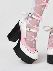 ROMWE Kawaii Giày cao gót đế dày, quai cài ngọc trai, ren thắt nơ gợi cảm dành cho nữ, giày Mary Jane cao gót thời trang xuân/thu, thích hợp cho tiệc tùng, đi chơi, hẹn hò, phong cách Y2K. - Hồng - Xem 3