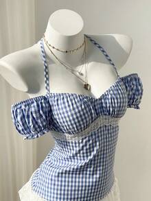 Elamini 2026 Spring/Summer Women's Blue Plaid Sweet Off-Shoulder Petal Sleeve T-Shirt, Fresh And Slimming, Summer Shirt - Multicolor - View 1