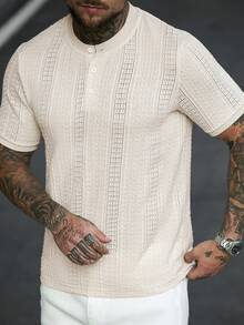 Manfinity CasualCool Męska koszulka z krótkim rękawem z teksturowanej tkaniny, odpowiednia na wyjścia, spotkania i wakacje - Morela - Zobacz 6