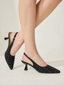 CUCCOO CHICEST Zapatos de tacón de punta fina con estampado de cuadros elegantes para mujer - Negro - Ver 5