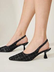 CUCCOO CHICEST Zapatos de tacón de punta fina con estampado de cuadros elegantes para mujer - Negro - Ver 6