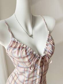 Elamini Đầm hai dây ngắn ôm sát cổ chữ V, màu trơn, tối giản dành cho nữ mùa hè. - Hồng - Xem 1