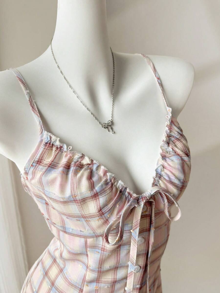 Elamini Đầm hai dây ngắn ôm sát cổ chữ V, màu trơn, tối giản dành cho nữ mùa hè. - Hồng - Xem 1