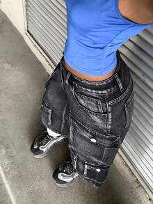 StreetHx 女士休闲街头水洗翻盖口袋直筒牛仔短裤，夏季 - 黑色 - 查看 5