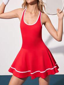 CourtClass Women's Summer Casual Sports Scoop Neck Contrast Binding Waist Criss-Cross Back Tennis Dress - Red - View 4