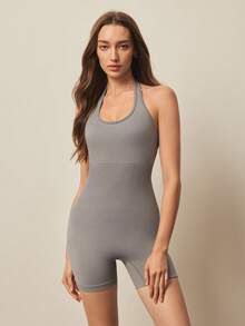 With My Calm 无缝针织露背吊带可调节深V提臀女士运动连体裤 - 灰色 - 查看 4