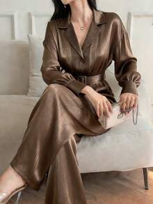 Dazy-Less 女士休闲优雅通勤套装，前扣长袖衬衫和裤子两件套，秋季款 - 棕色 - 查看 1