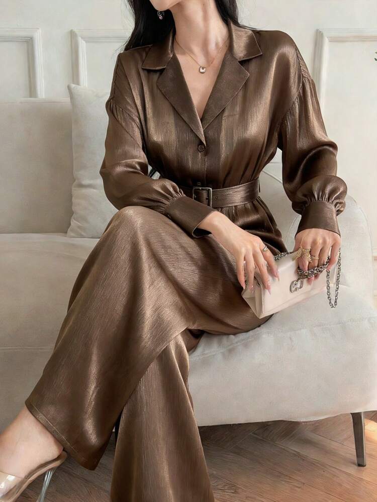 2pcs Women's Casual Elegant Commuter Front Button Long Sleeve Shirt And Pants Set, Autumn,Wedding Guest Dress Women