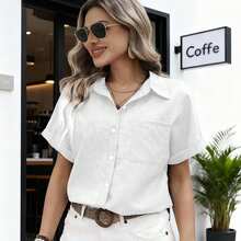 Camisa Casual De Manga Corta Con Botón Para Primavera Y Verano Para Mujer - Blanco - Ver 6