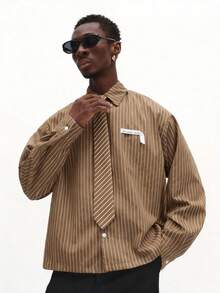 SUMWON Boxy Fit Long Sleeve Pinstripe Shirt With Matching Tie Classic Office Business Casual Button Down Work Shirt Plain - Brown - View 1