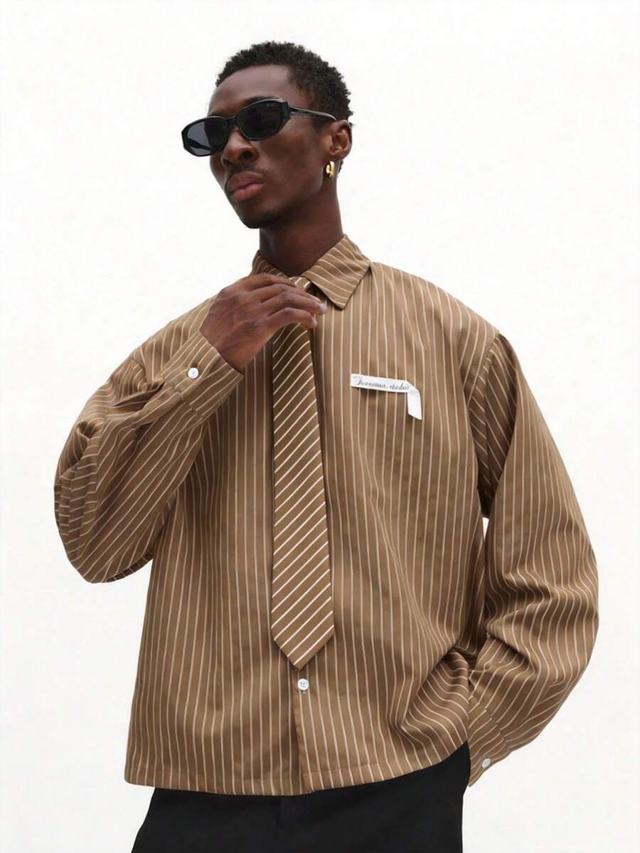 SUMWON Boxy Fit Long Sleeve Pinstripe Shirt With Matching Tie Classic Office Business Casual Button Down Work Shirt Plain - Brown - View 1