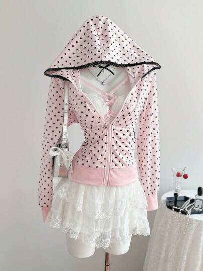 Elamini Women's Pink Polka Dot Print Spliced With Black Lace Trim Zip-Up Hoodie, Spring/Summer , Vacation, Sweet & Cute, Elegant Casual, Back To School/Graduation, Versatile For Street, Home, Daily Wear