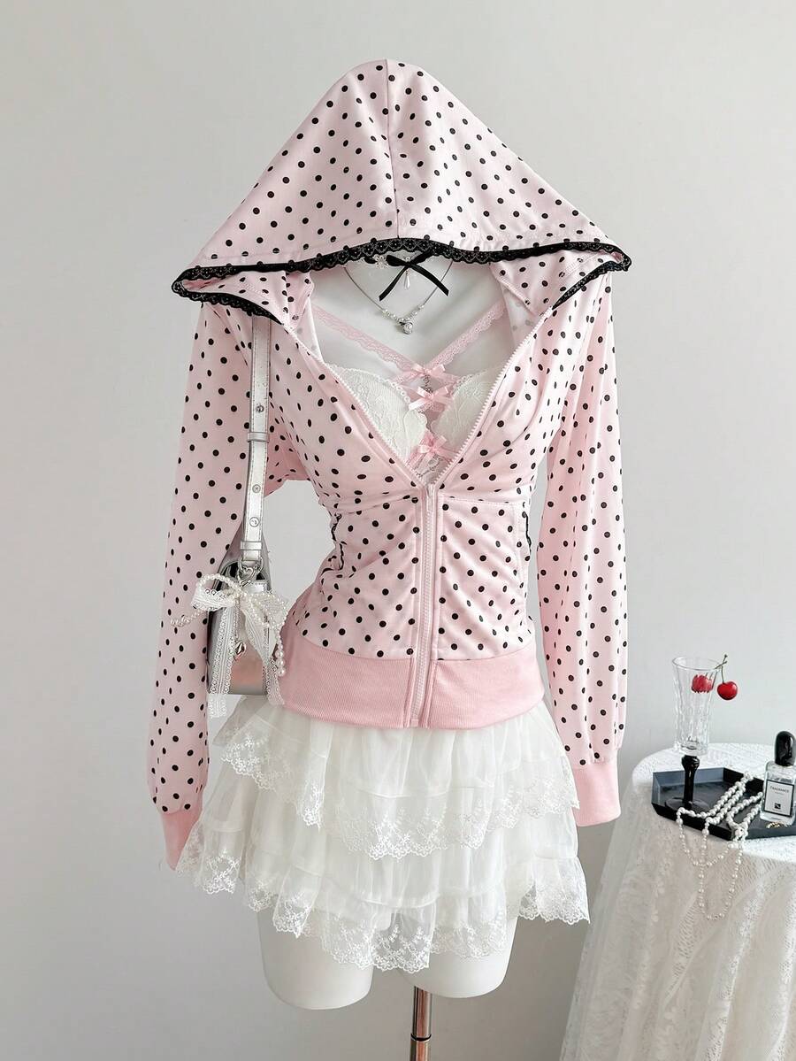 Elamini Women's Pink Polka Dot Print Spliced With Black Lace Trim Zip-Up Hoodie, Spring/Summer , Vacation, Sweet & Cute, Elegant Casual, Back To School/Graduation, Versatile For Street, Home, Daily Wear - Pink - View 1