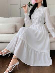 DAZY Robe chemise blanche à empiècement en dentelle, style mode décontractée et bureau, pour le printemps et l'été. Robe longue et ample, robe d'été pour femmes - Blanc - Voir 4