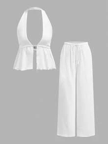 SHEIN EZwear 女士休闲度假两件套，白色，100%纯棉，女士夏季套装 - 白色 - 查看 2