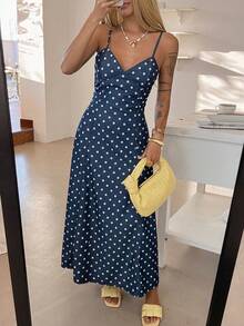 Women's Polka Dot Strap Dress, Elegant Denim Dress For Summer - Dark Wash - View 5