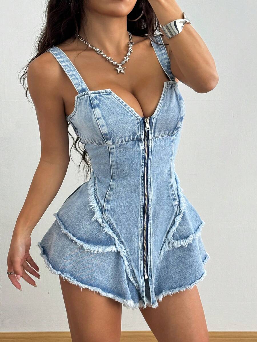 SHEIN ICON 大码女式拉链前开流苏吊带性感连衣裙 - 藍色 - 查看 1